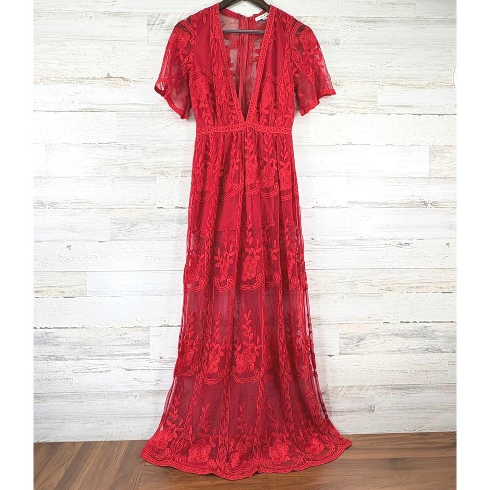 Haute Monde Maxi Dress Romper Size M Red Floral Lace Deep V Festival Fairy Indie